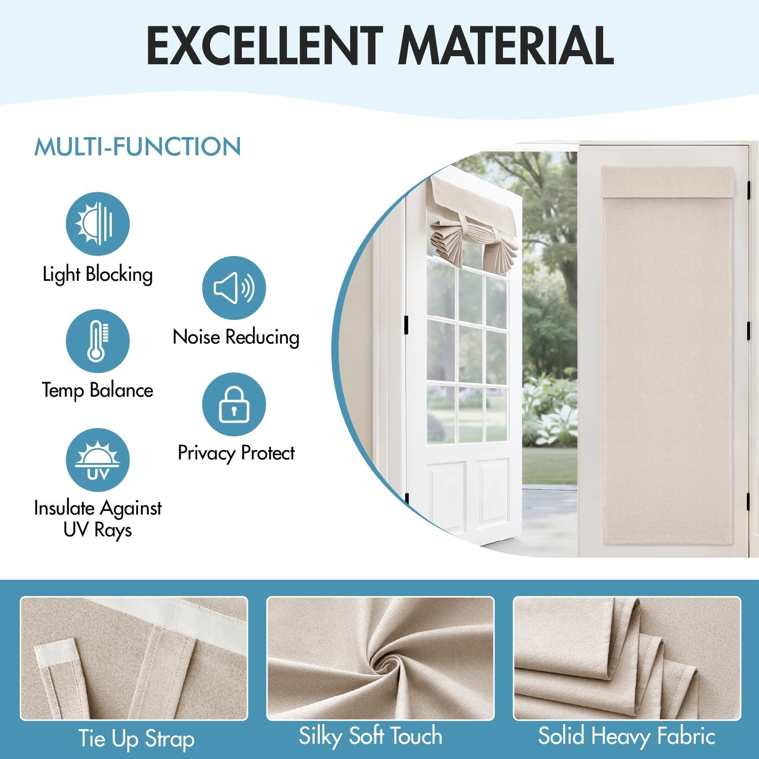 100% Blackout Linen French Door Curtains Set of 2, Thermal Insulated Room Darken