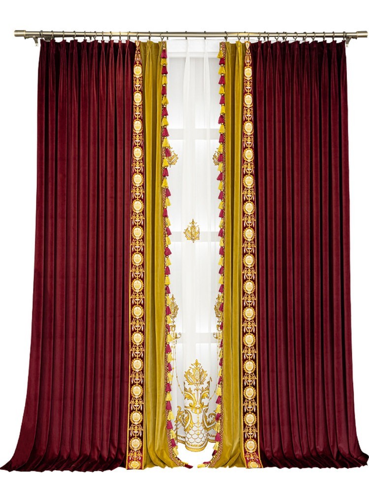 luxury costom Red gold window velvet cloth lace blackout curtain tulle M1845