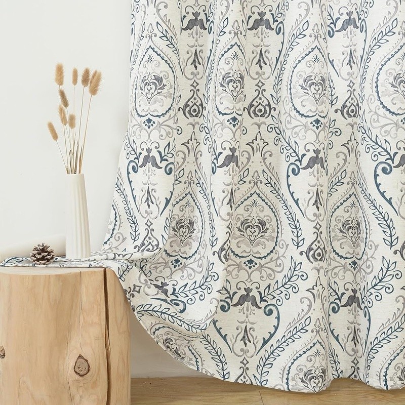 Linen Curtains Set of 2 Light Filtering Grommet Panels Floral Print Design New