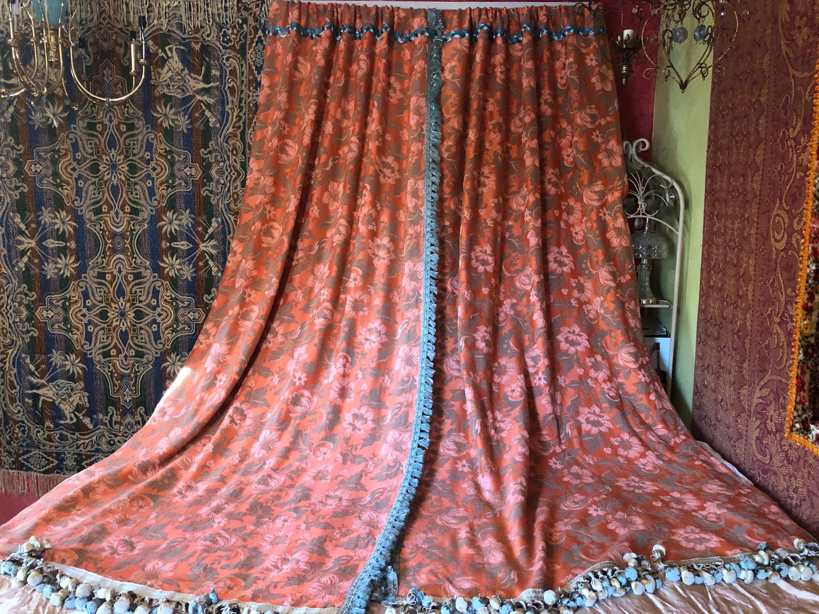Reversible Cotton Damask Curtain Pair, Gilded Age Beaded Tassel Panels, 40”w. X