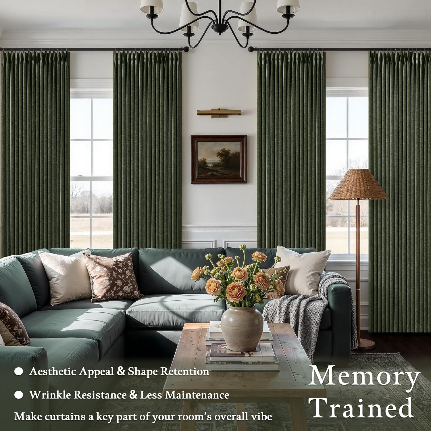 Loden 120 Inch Pinch Pleated Linen Curtains 100% Blackout Pinch Pleat Floor to