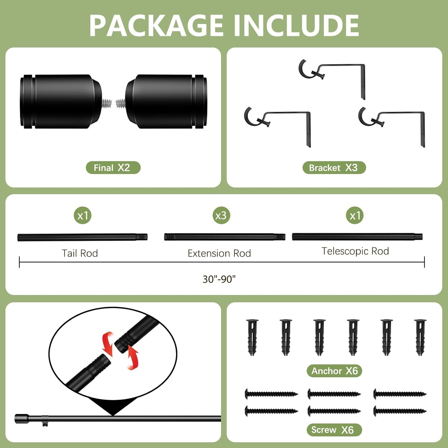 5/8” Diameter Curtain Rods 30-90 Inch, for 30-84 Inch Windows, Adjustable
