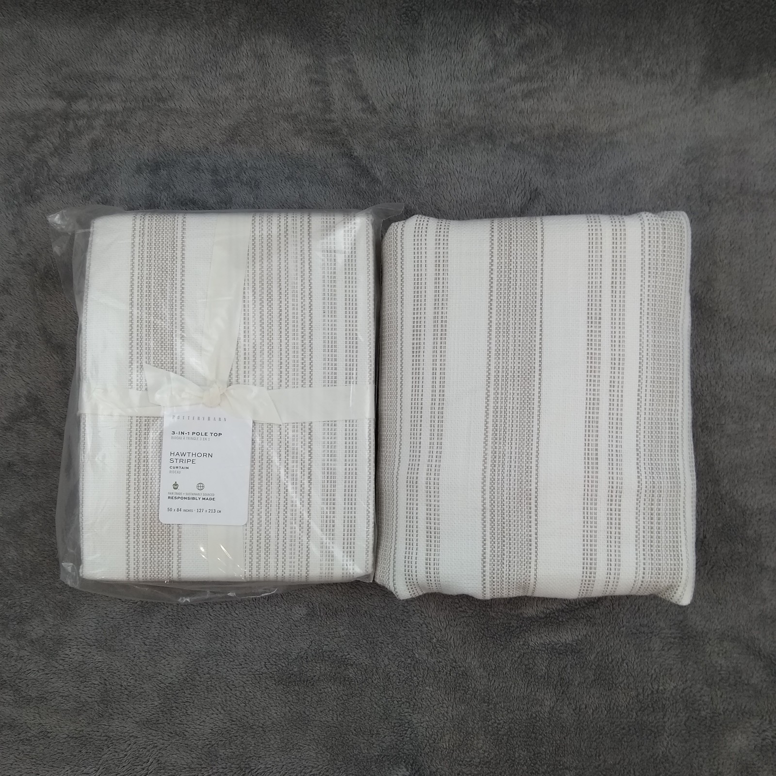 2 Pottery Barn Hawthorn Taupe Stripe Curtain Panels 50″x 84″ 3 In 1 Pole Top
