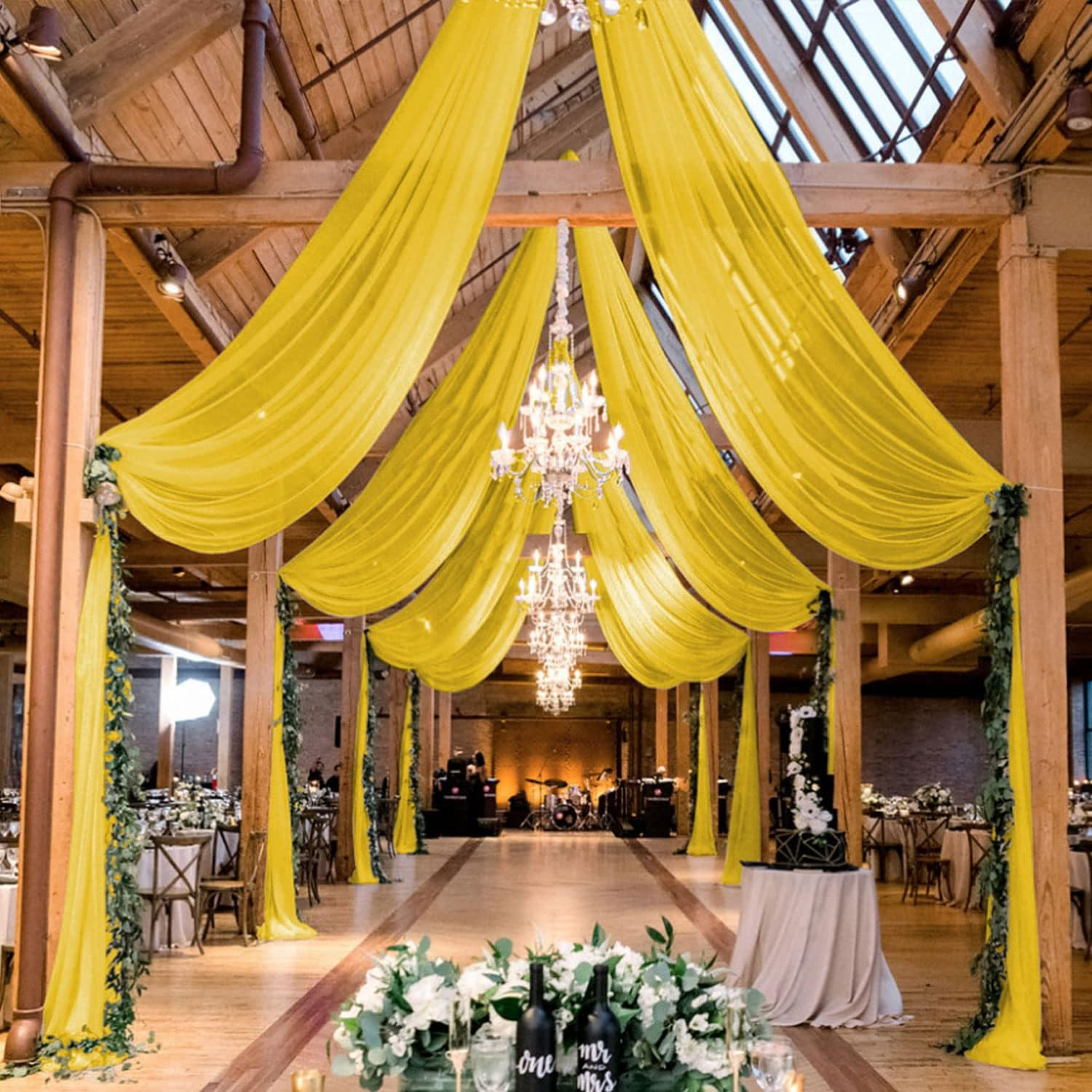Elegant Gold Sheer Ceiling Drapes for Weddings – 5x20ft, 6 Panels Tulle Curtain