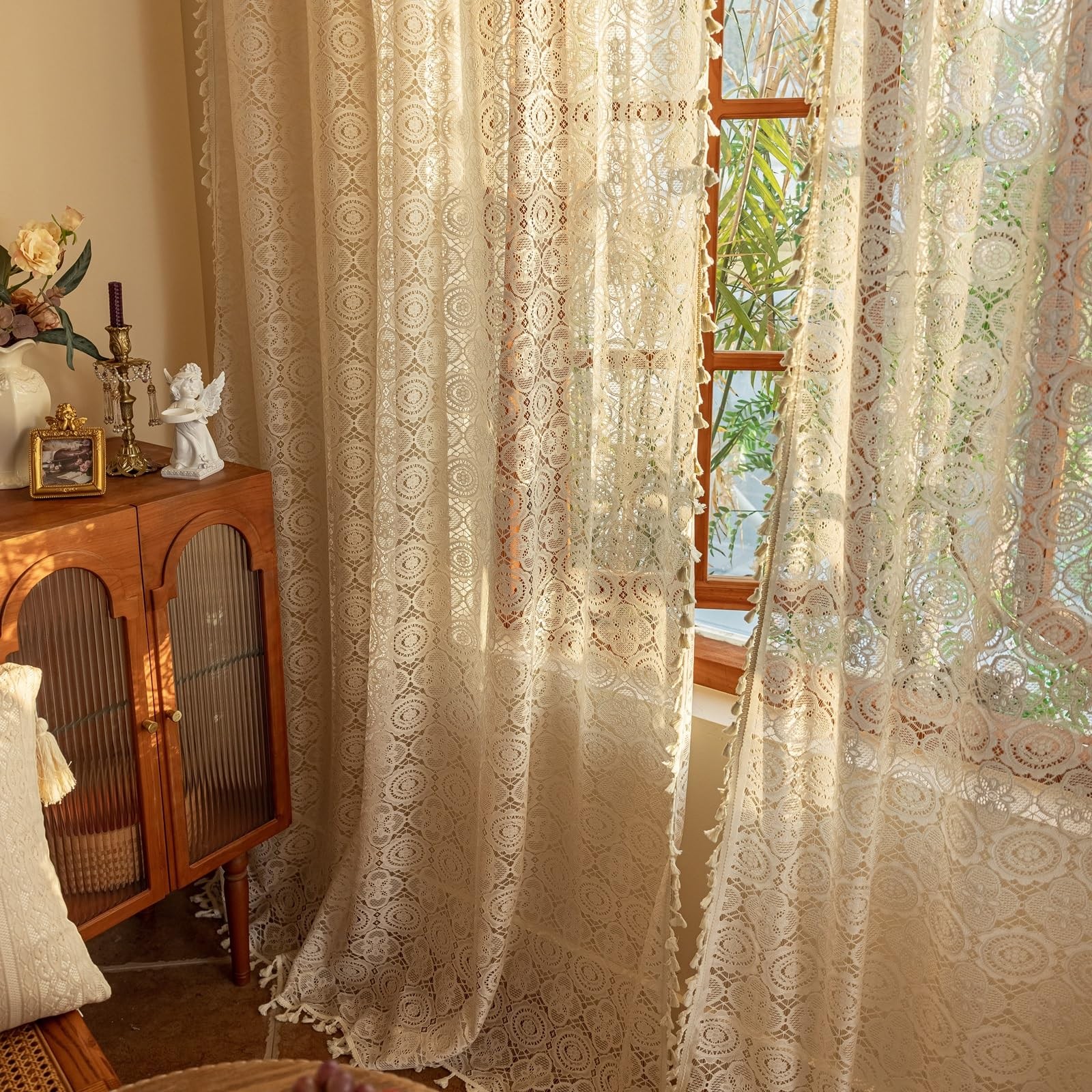 Boho Lace Curtains 84 inches Long 2 Panels-Vintage Floral Crochet Sheer Panel…
