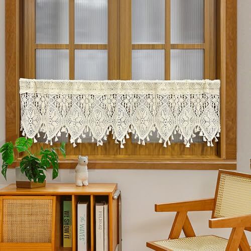 Rustic Crochet Curtains Valance for Kitchen Cotton W35 L15 Inch Beige Sheer