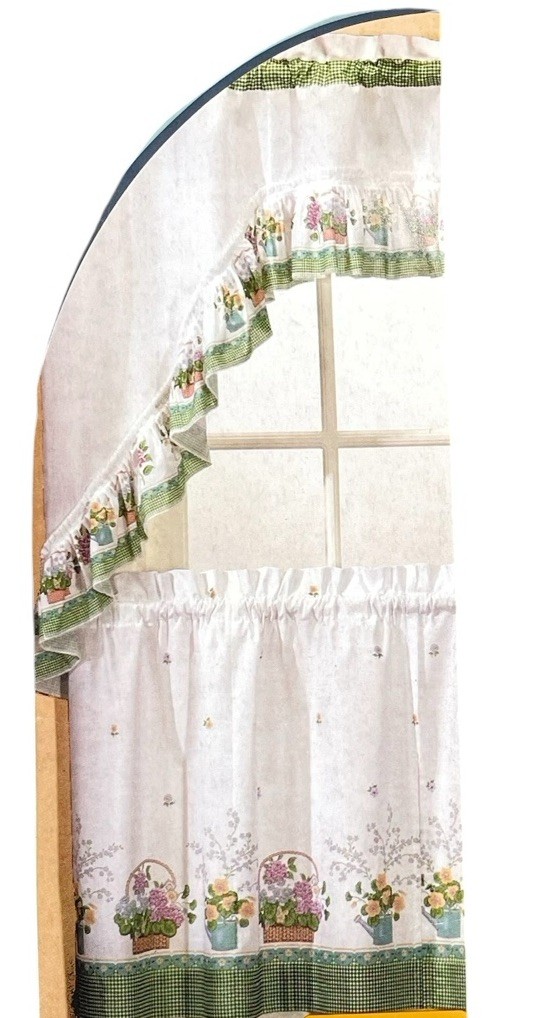 3pc Curtain Set: 2 Tiers 30″x36″ & Swag 58″x36″ Garden Basket w/Green Gingham