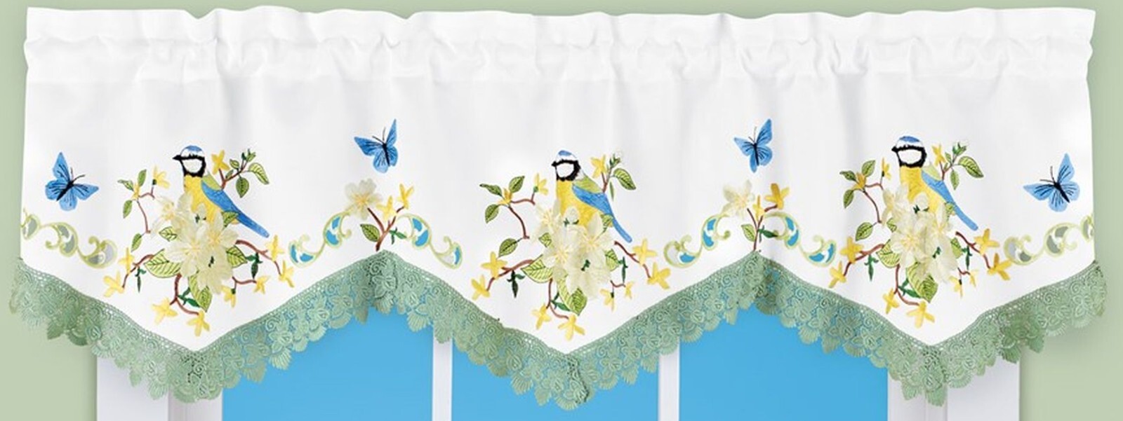 1 Fabric Printed Valance(16″x57″)(no tiers/drapes) BIRDS & BLUE BUTTERFLIES, CE
