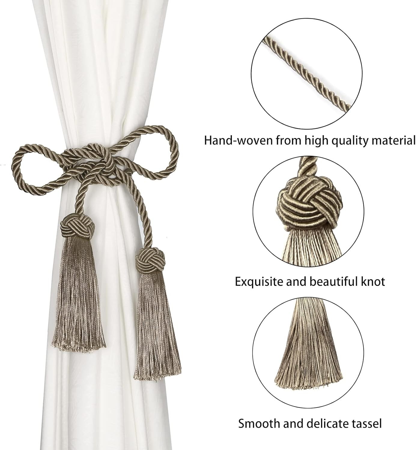 Elegant 2 Pack Handmade Curtain Tiebacks with Adjustable Tassel in Flaxen