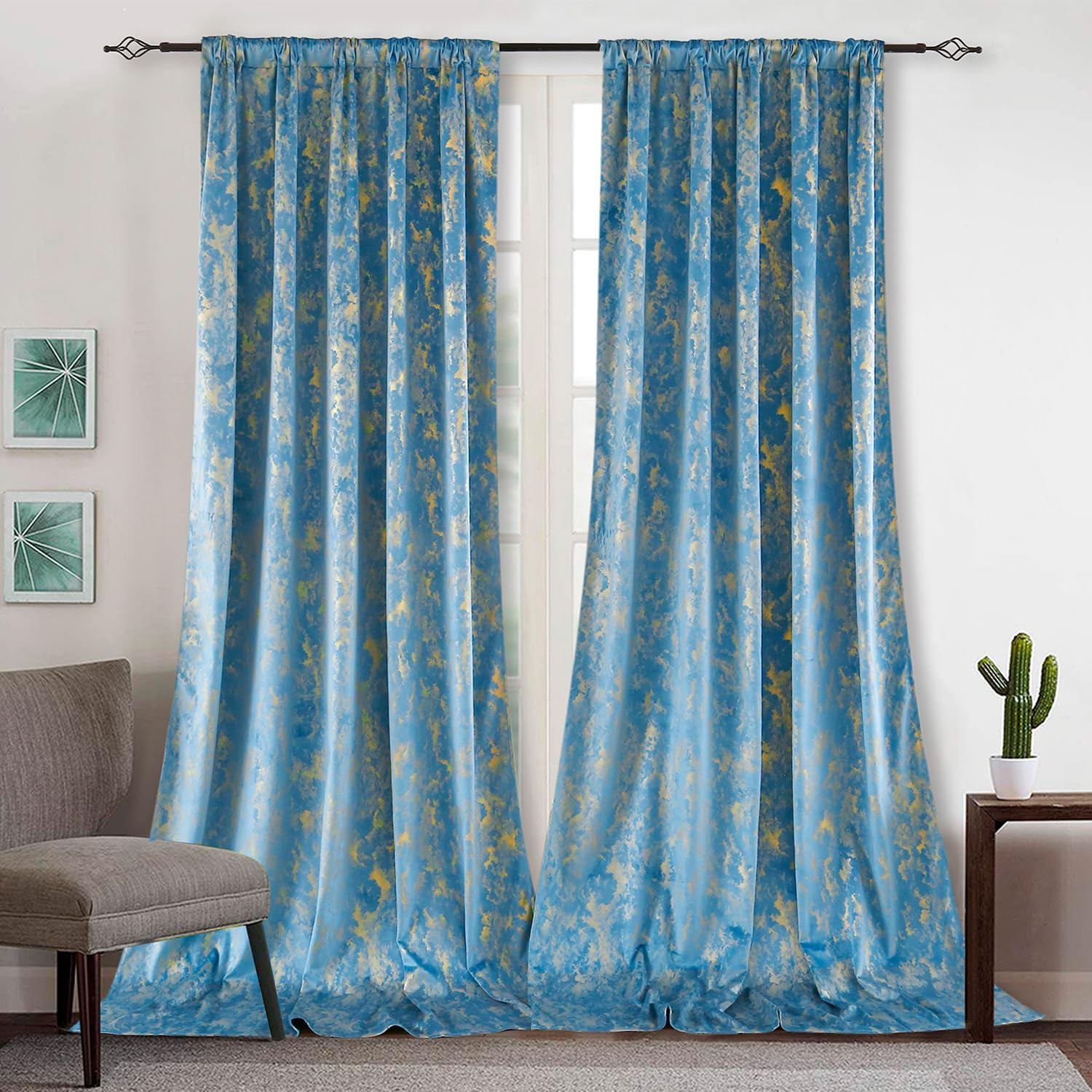 Aegean Blue Velvet Curtains with Gold Foil Print, 80% Blackout, 2 Panels