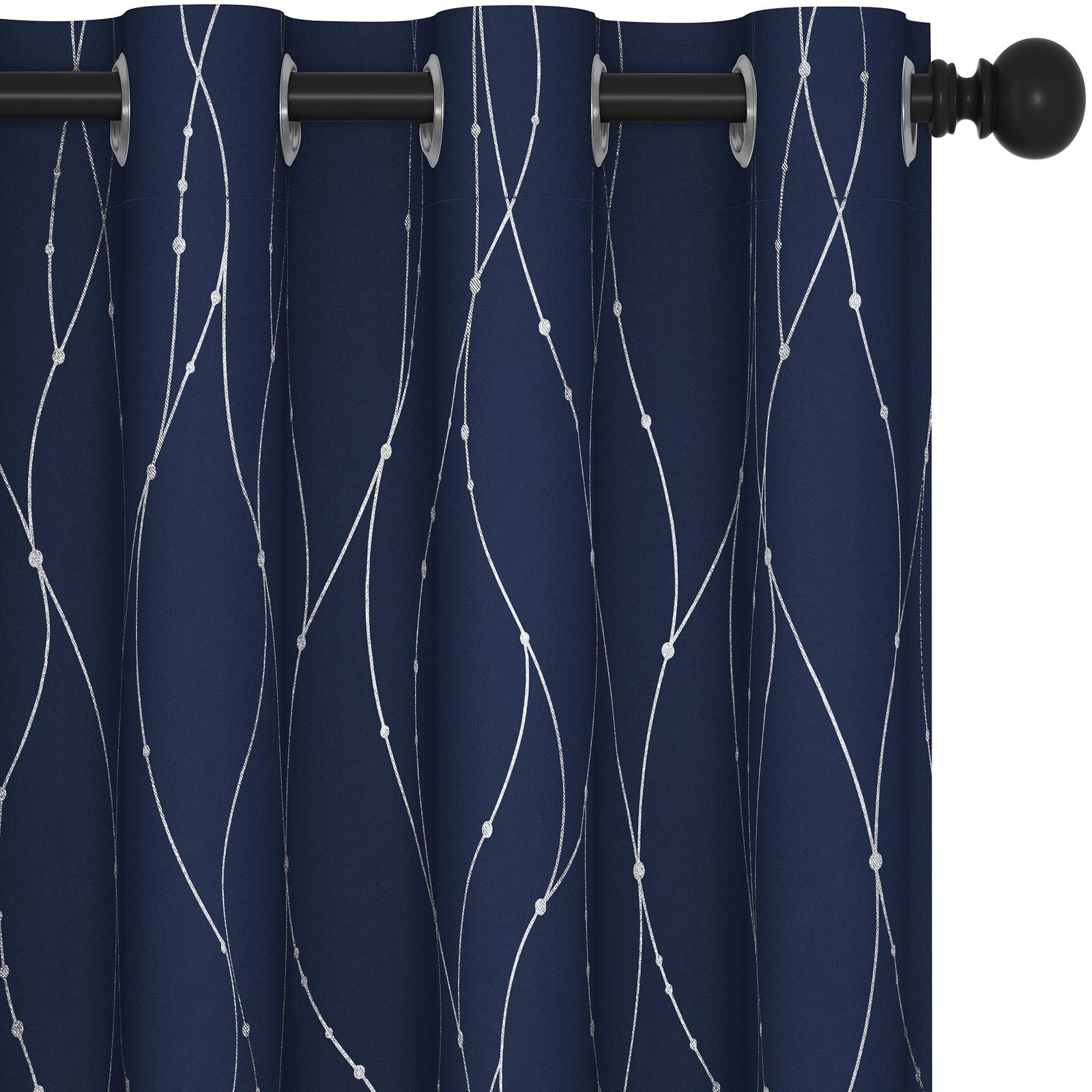 Blackout Curtains, Navy Blue Thermal Grommet Drapes, Silver Wave Dots Foil Pr…