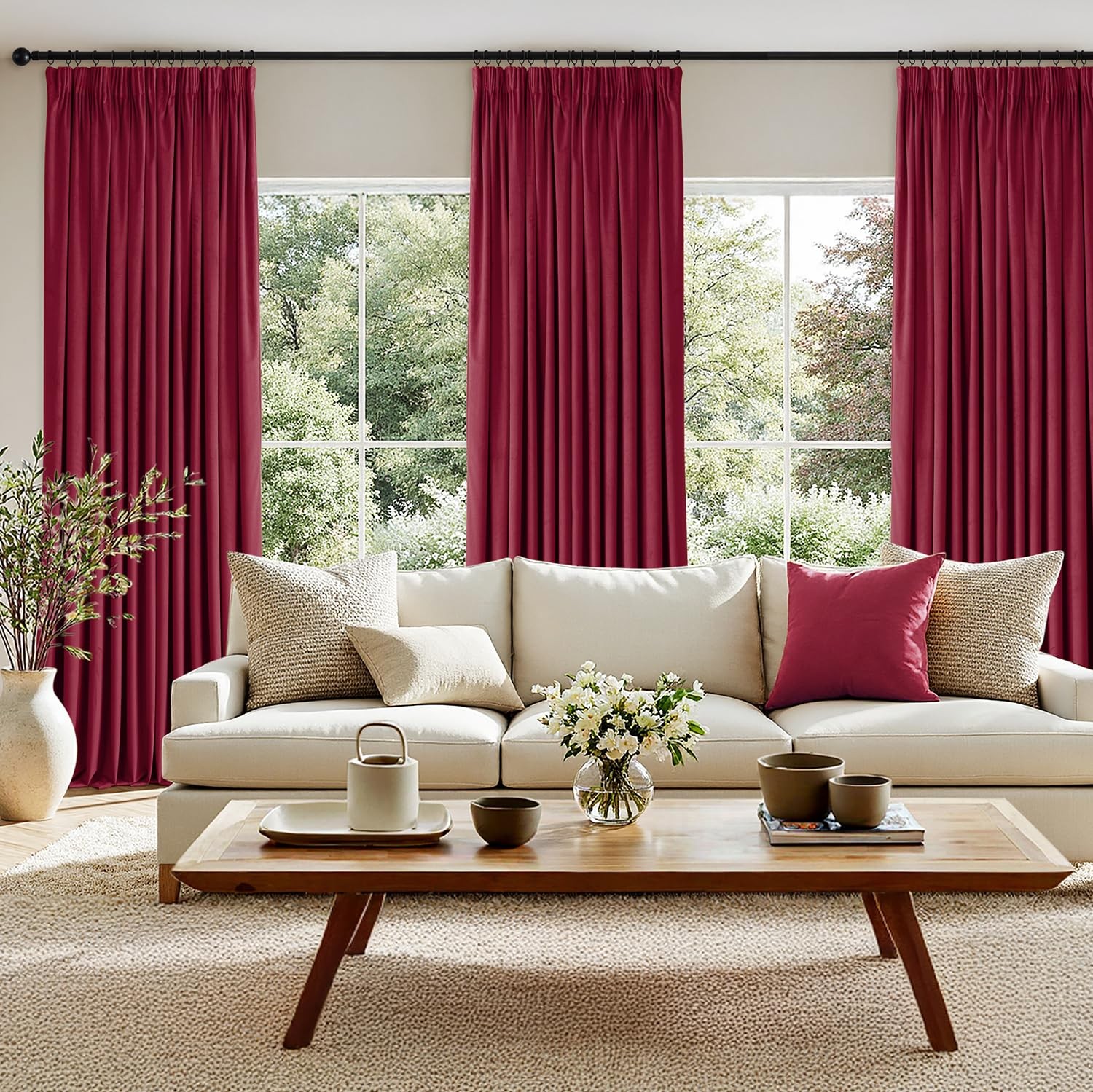 Velvet Curtain with Ruffle Ribbon Wine Red Velvet Curtains Decorative Opaque Curtains 2…