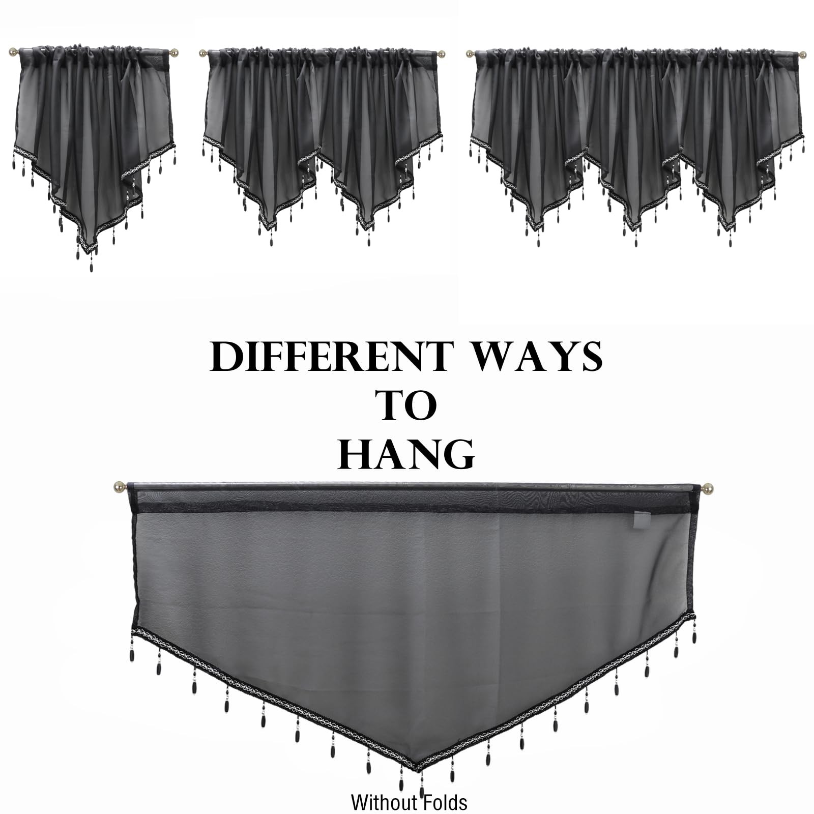 3 Pieces Black Beaded Sheer Valance with Rod Pocket Scalloped Window Curtains…