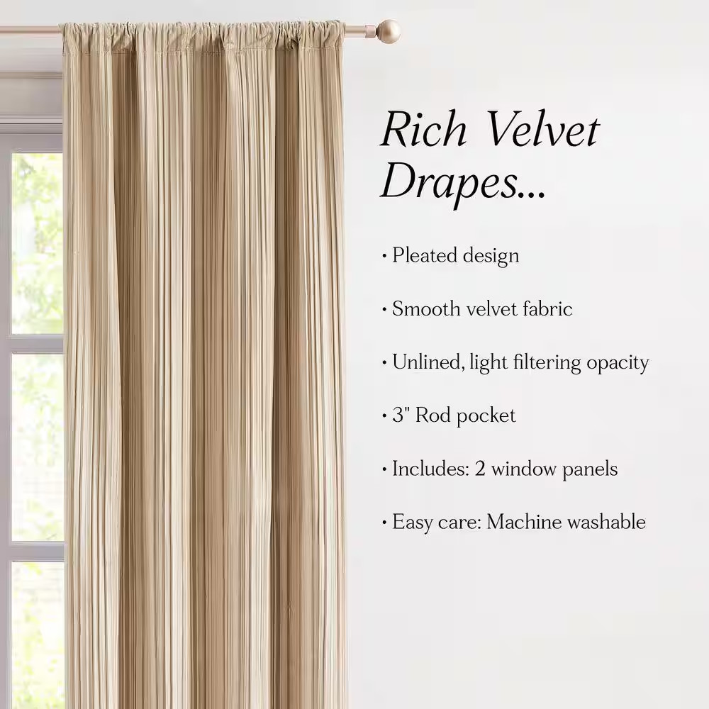 Glam Pleated Neutral Velvet 38 In. W X 84 In. L Rod Pocket Light Filtering Curta