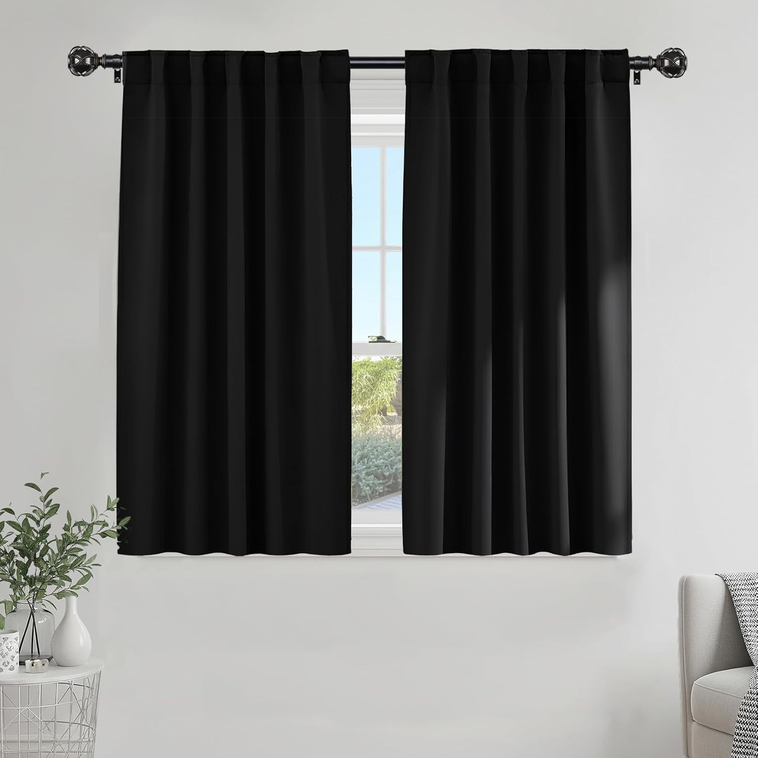 Short Blackout Curtains 45 inch Long -Thermal Insulated Black Curtains, 2 Panels