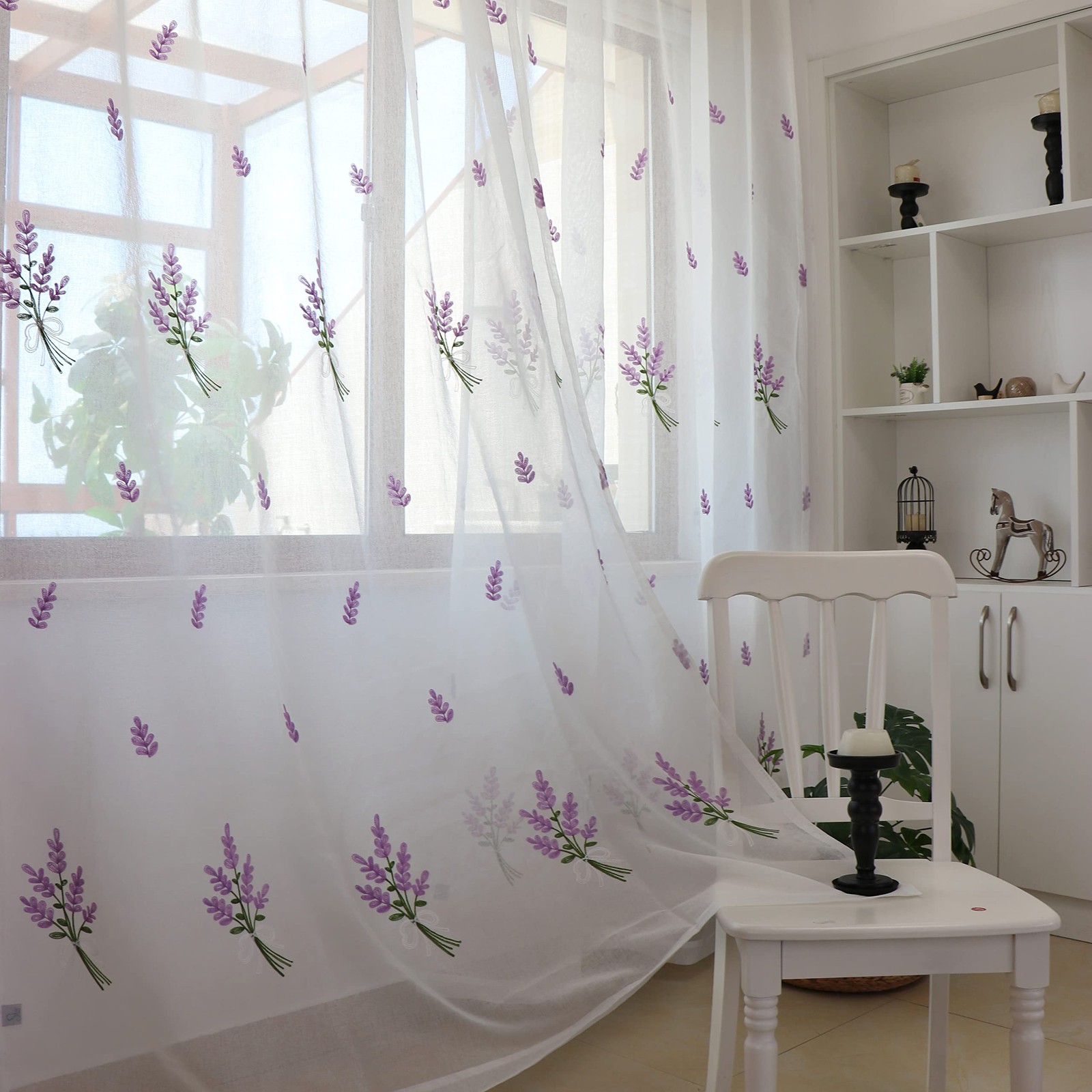 Set of 2 Panels Lavender Purple Flower Sheer Curtains Faux Linen Semi Sheer W…
