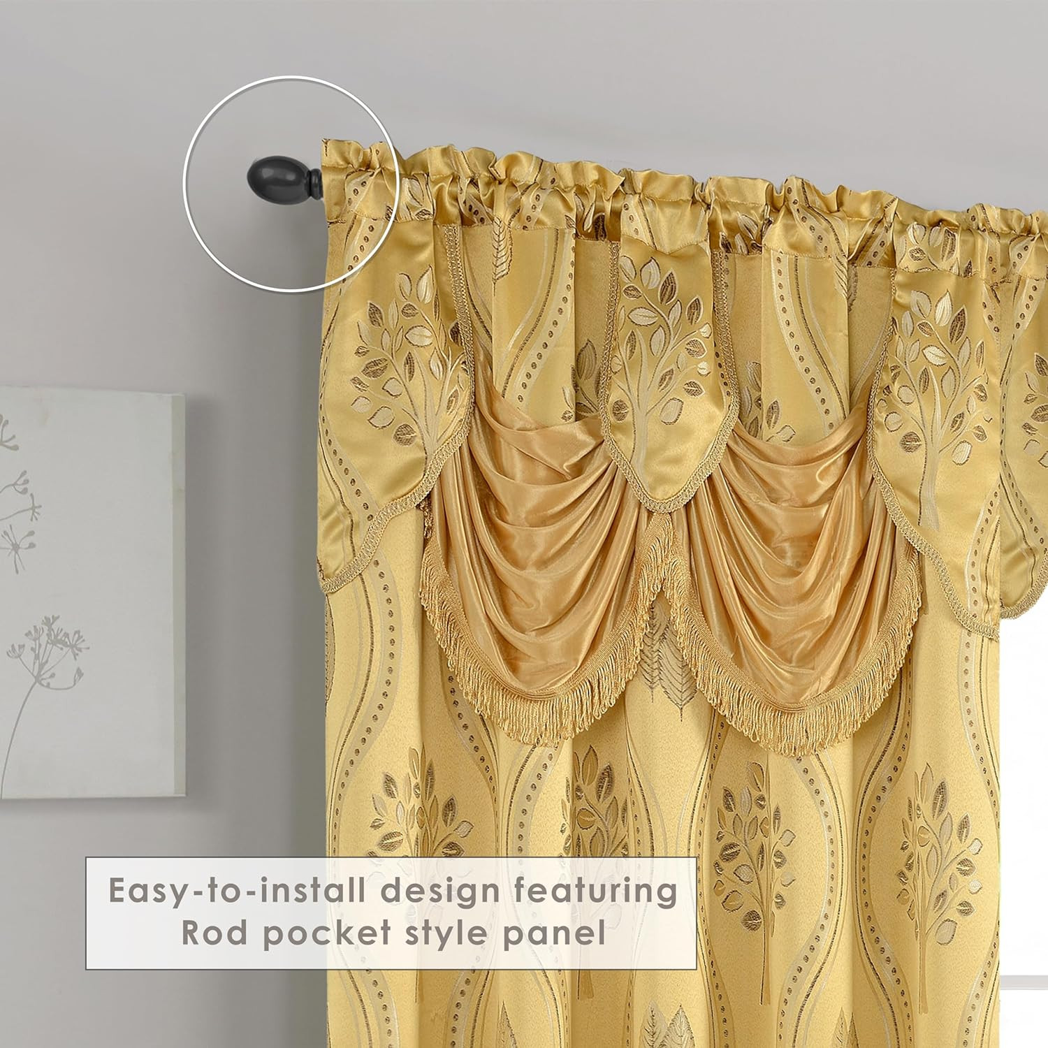 Aurora Jacquard Look Curtain Panel Set with Attached Valance 54″ X 84 Inch (Set