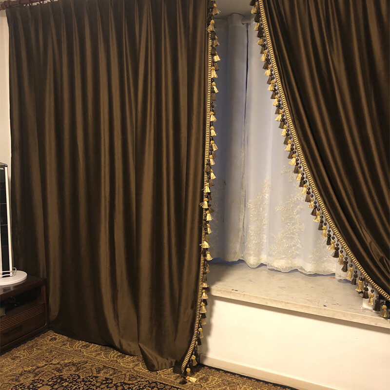 Custom velvet dark coffee living room cloth blackout curtain tulle drape C1876