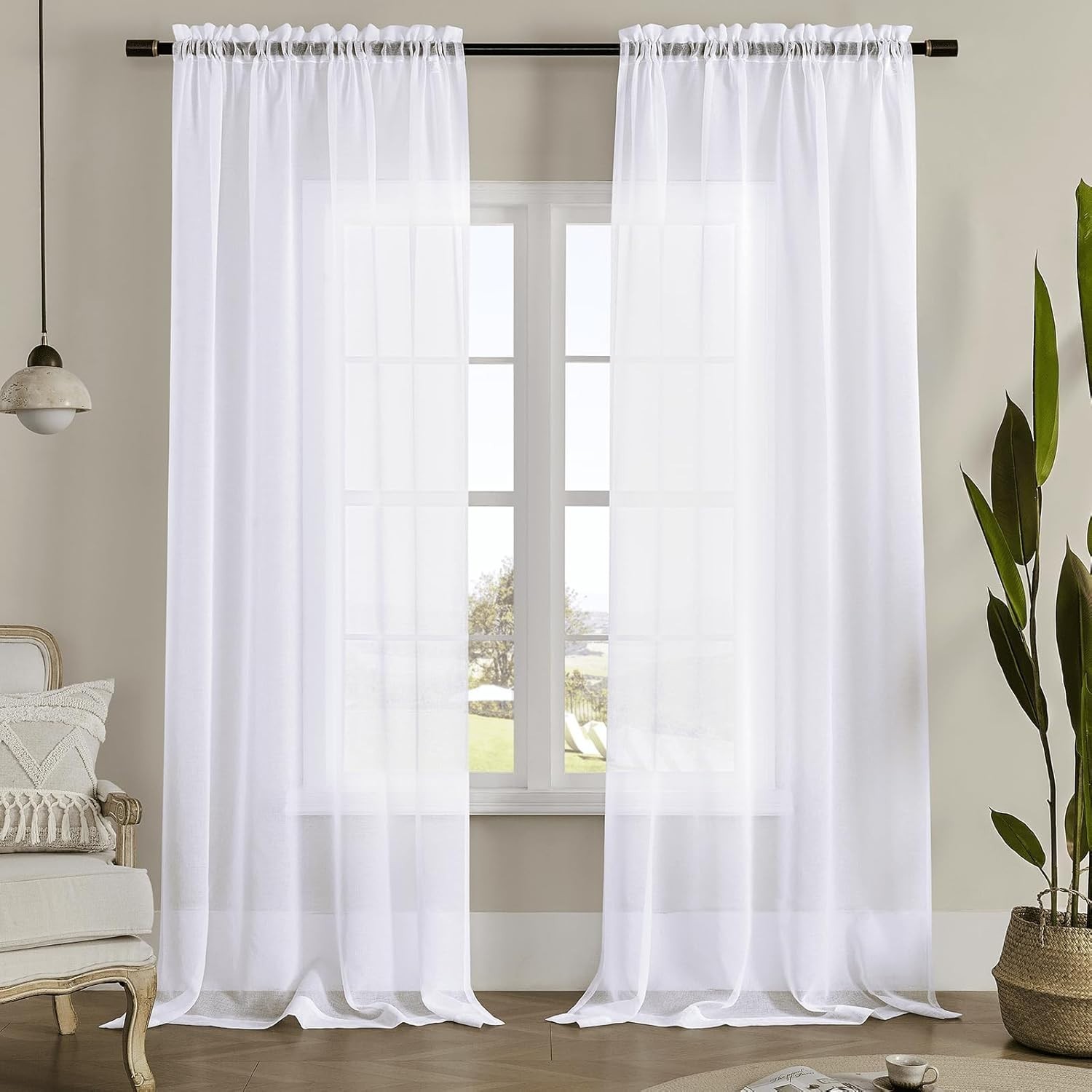 Lightweight 84” White Sheer Curtain Panels, Rod Pocket Design for Modern Homes