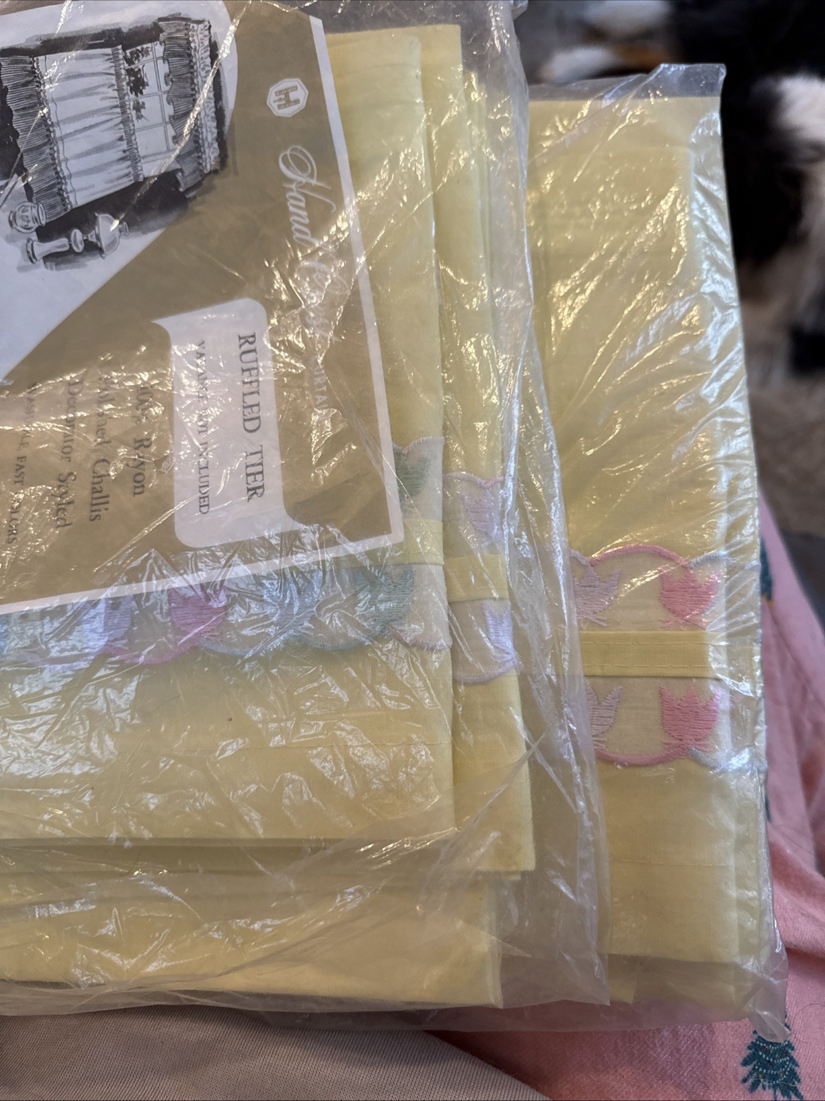 Hand Crest Curtain Ruffled Tier Pastel Yellow Floral 68” X 30” Set of 2 Coquette