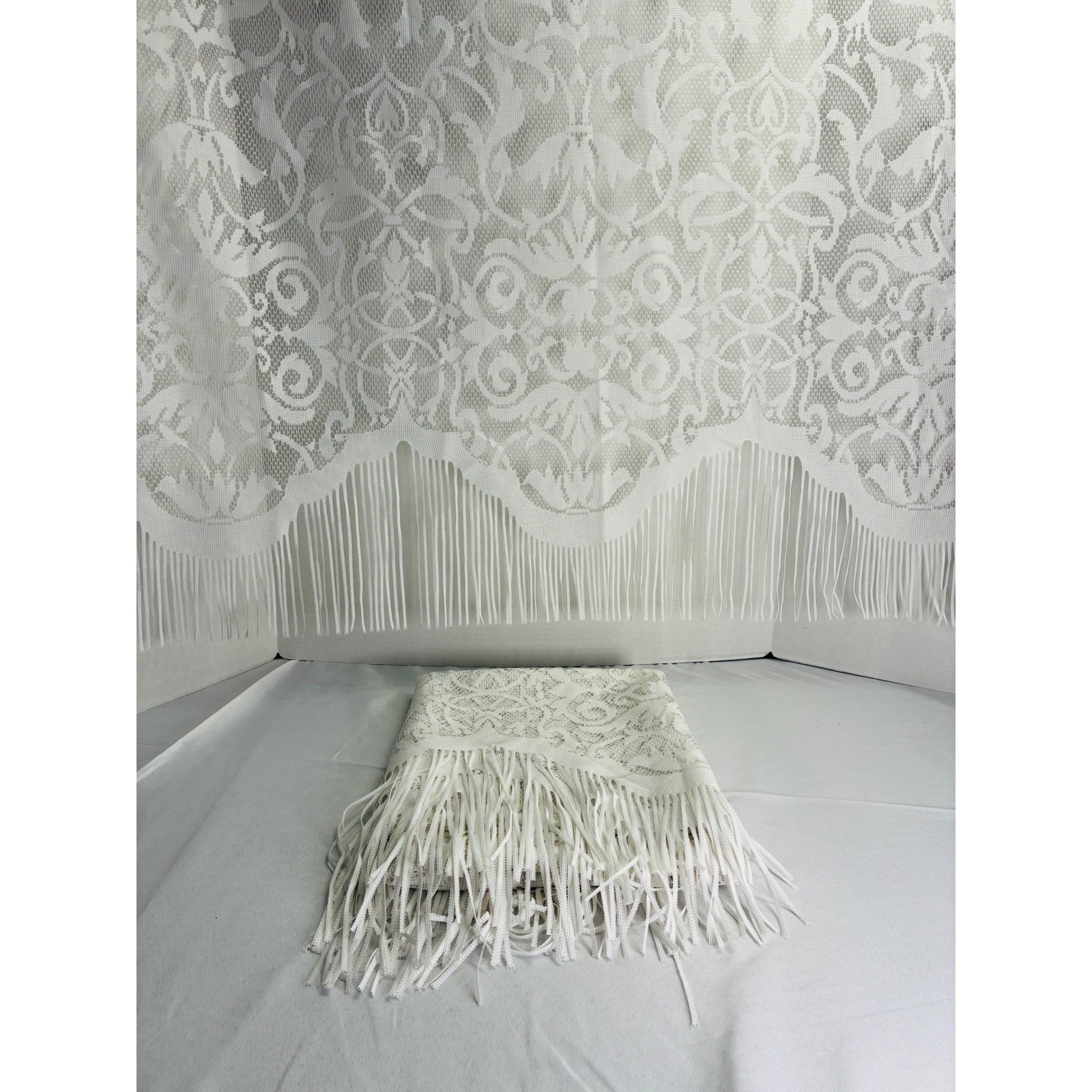 Vintage White Lace Curtain Panels Pair Damask Scroll Attached Valance Fringe 2pc