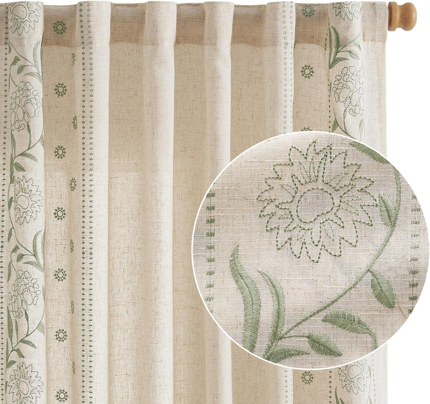 Winslow Linen Floral Curtains 90 Inch Sage Beige 2 Panels Window Drapes