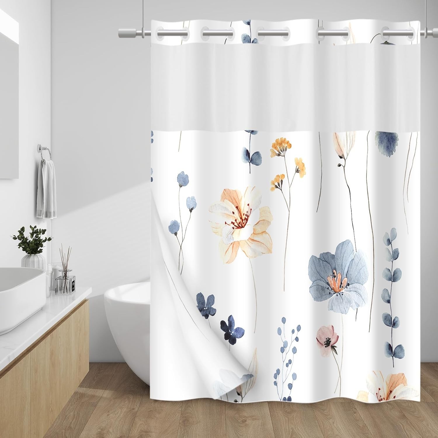 No Hook Shower Curtain with Snap in Liner – Watercolor Floral Shower Curtain –