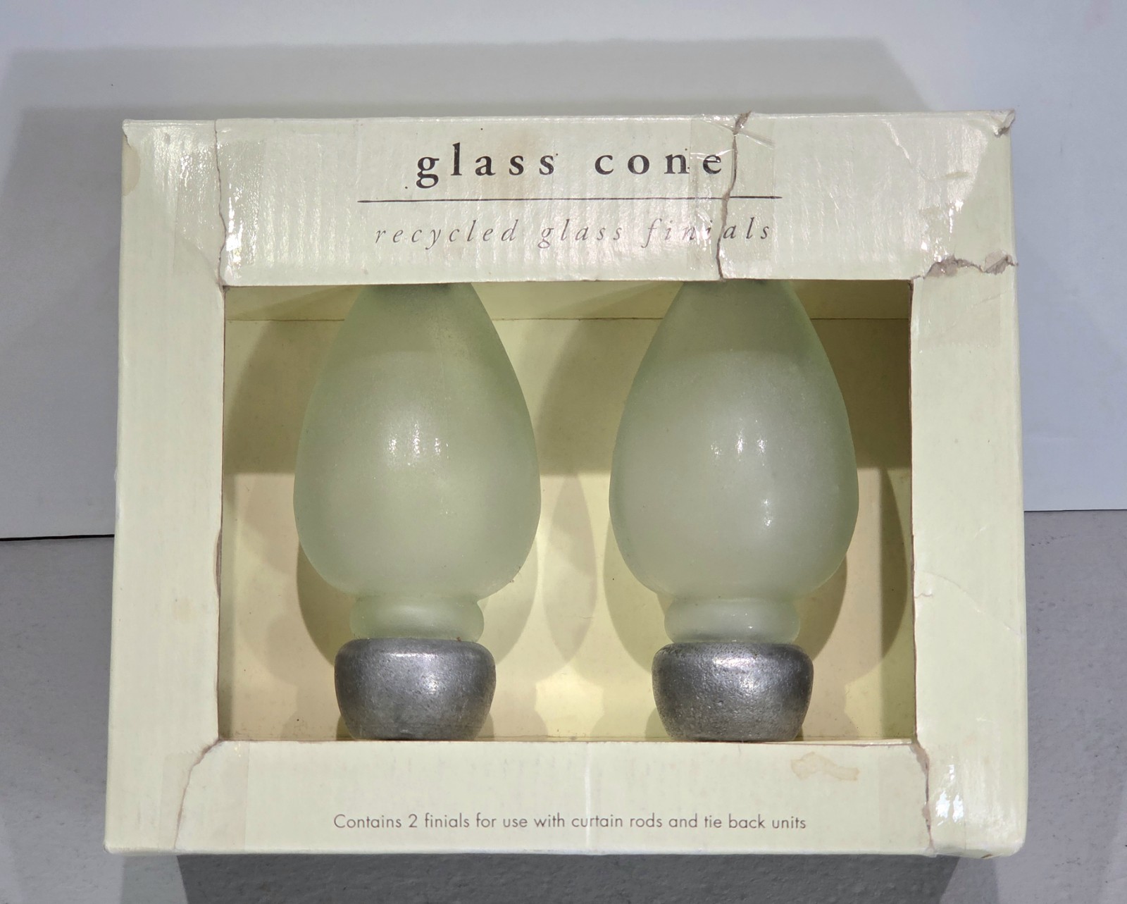 Pier 1 Curtain Rod Hardware Finials Sea Glass Look Frosted Green Cone Teardrop