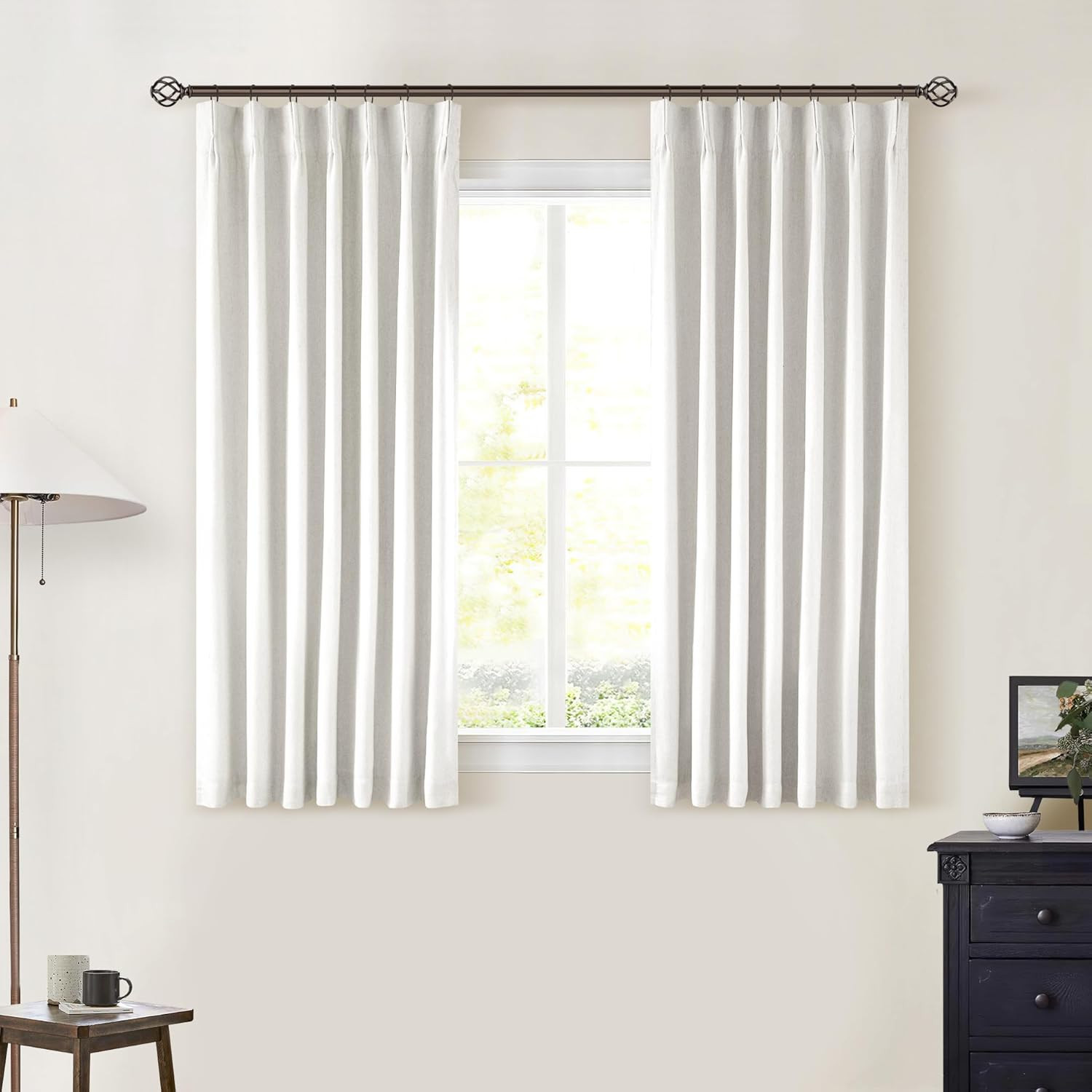 Ivory Blackout Linen Curtains 45″ Pinch Pleat for Small Windows, UV Blocking