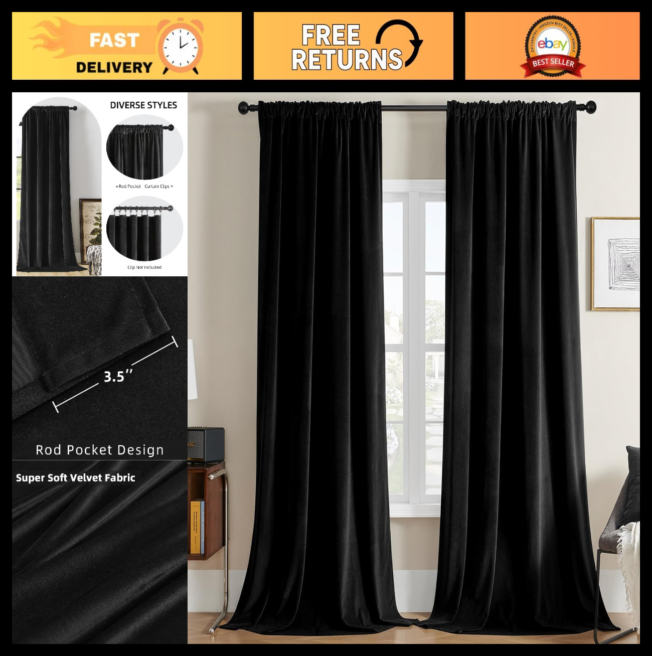 Luxury Black Velvet Curtains 90″ Length – 2 Panels, Blackout Thermal Insulated D