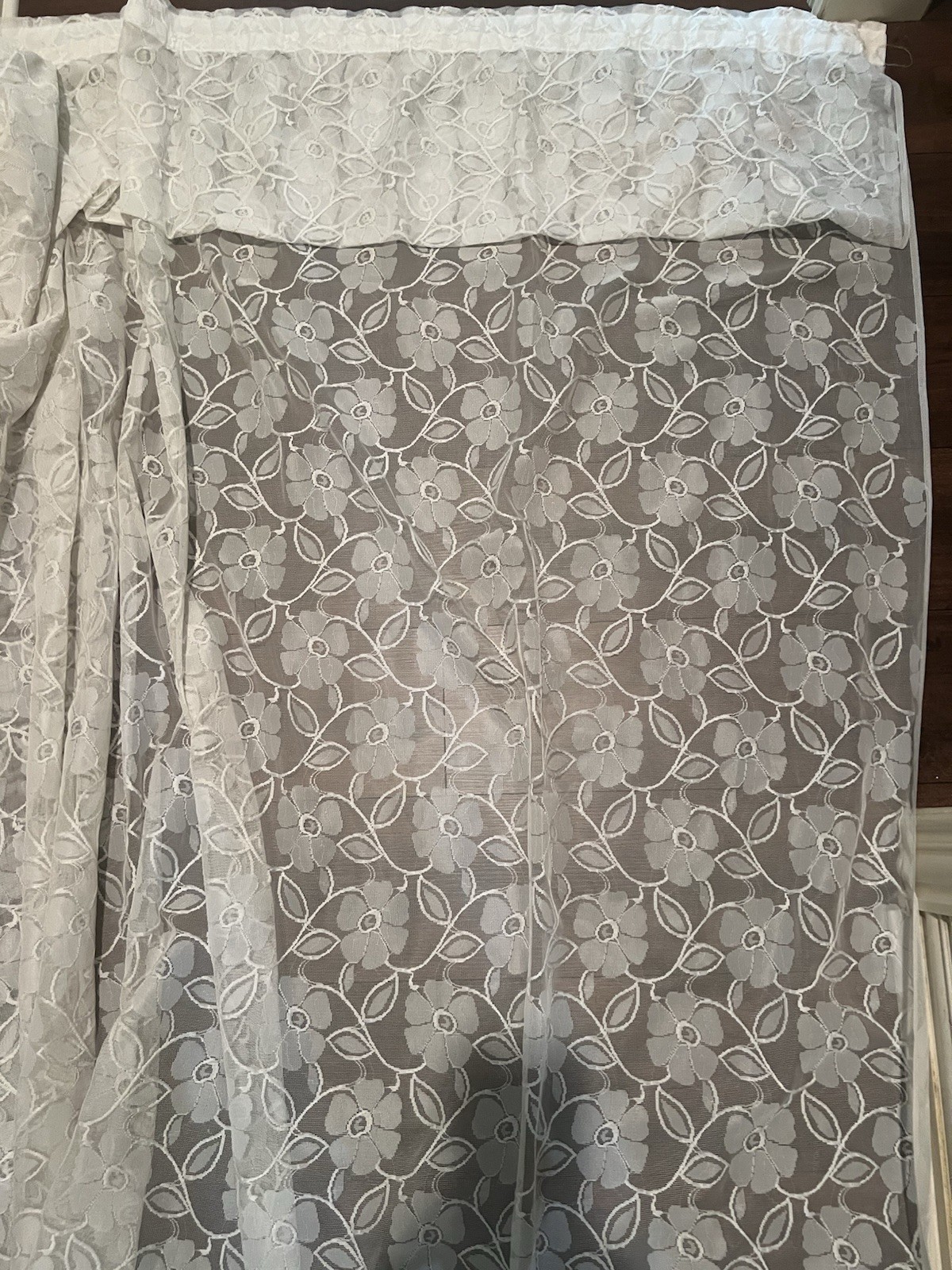 3 Panel Vintage White Lace Floral Curtain Attached Valance 68” W X68” L