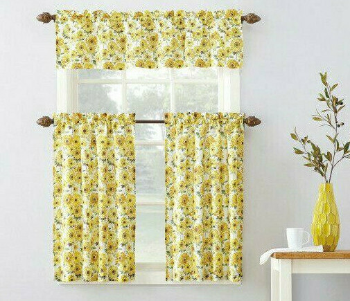 Farmhouse Country SUNFLOWER Valance or 3 Piece Kitchen Curtains Set Tiers Yellow