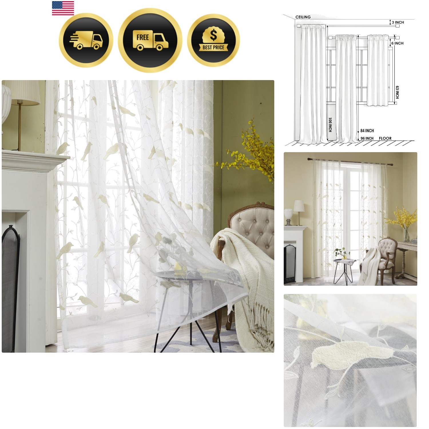 Rod Pocket Sheer Curtains Elegant Embroidered Bird Design White Window Drapes…