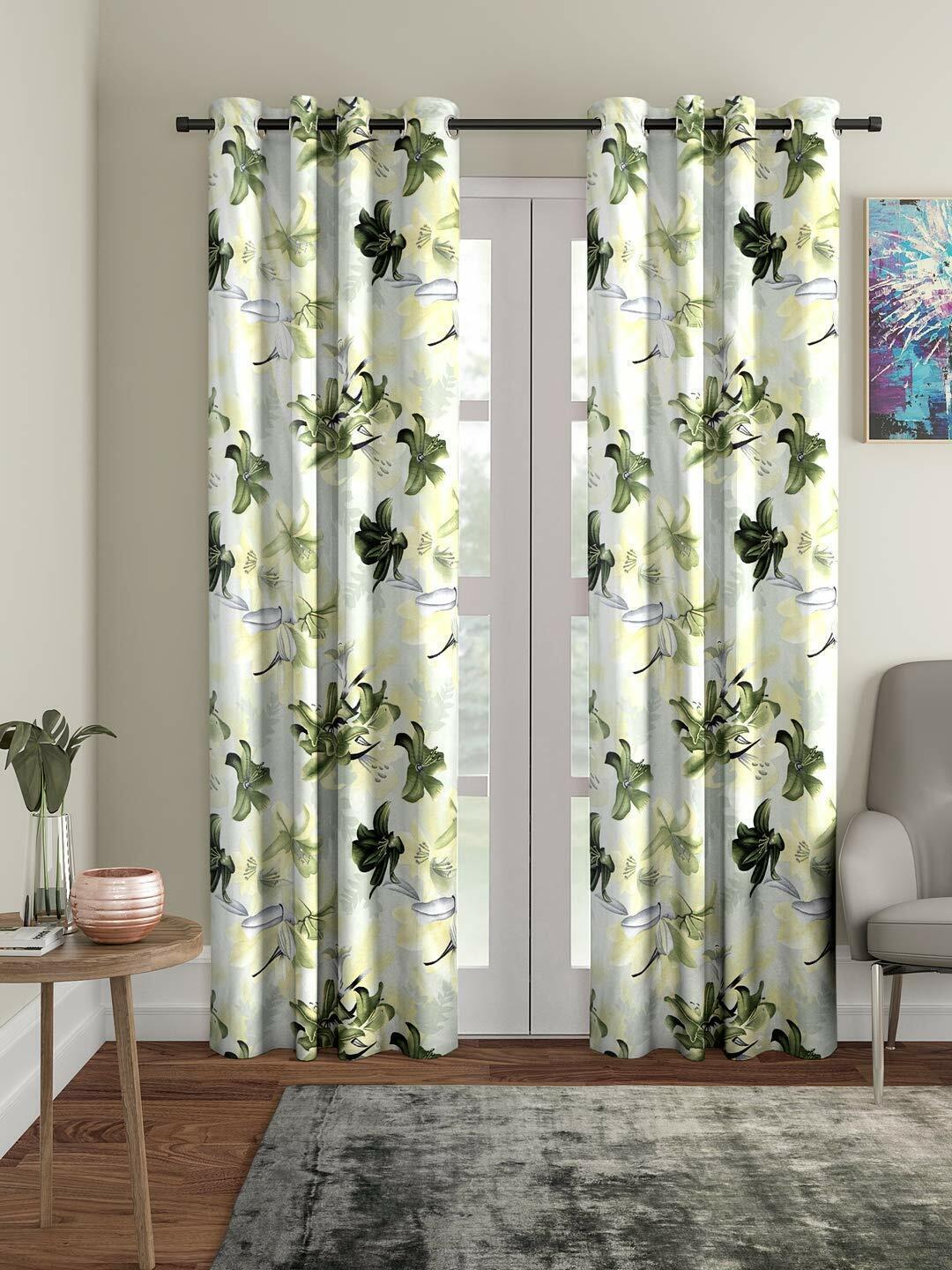 2 Piece Flower Print Ringtop Grommet Door Window Curtains Set 5 7 9 Feet – Green