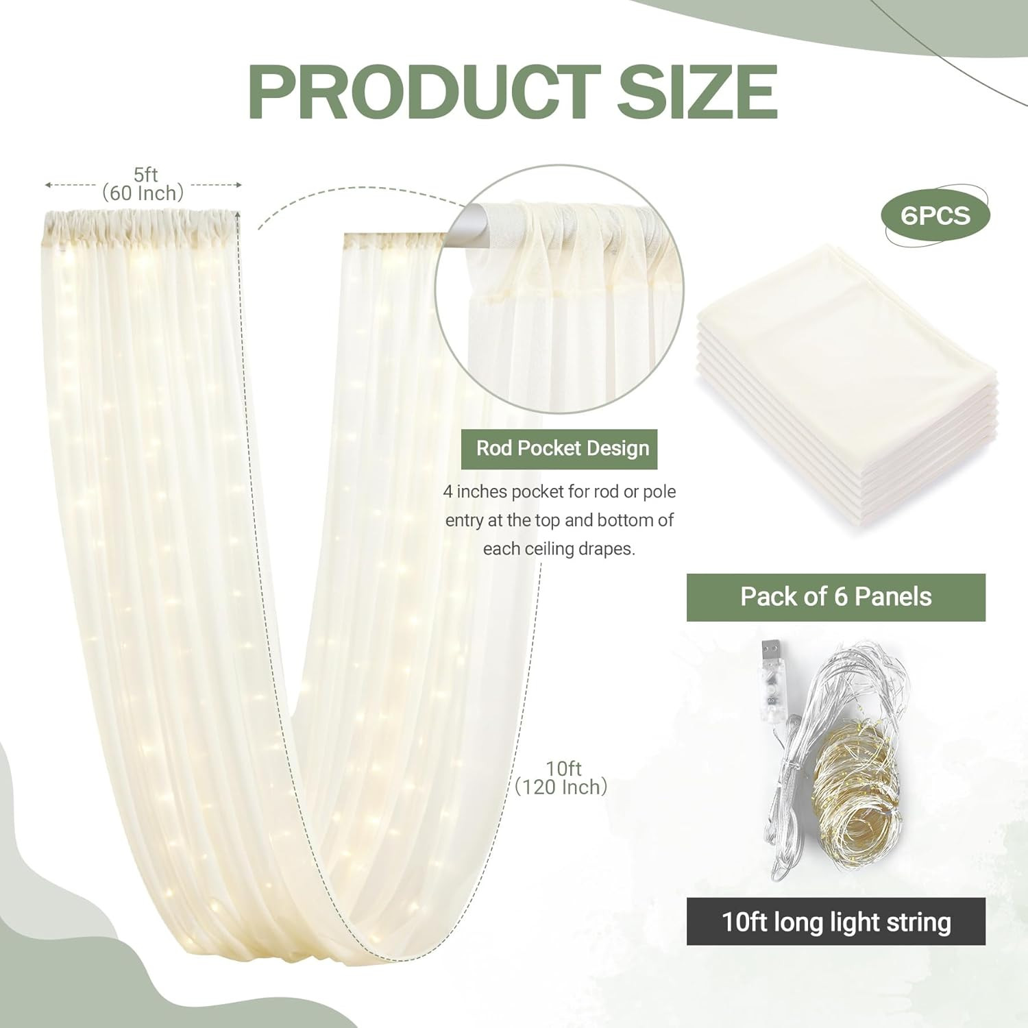 Ivory Sheer Tulle Ceiling Drapes with Lights for Weddings & Parties 5x10ft