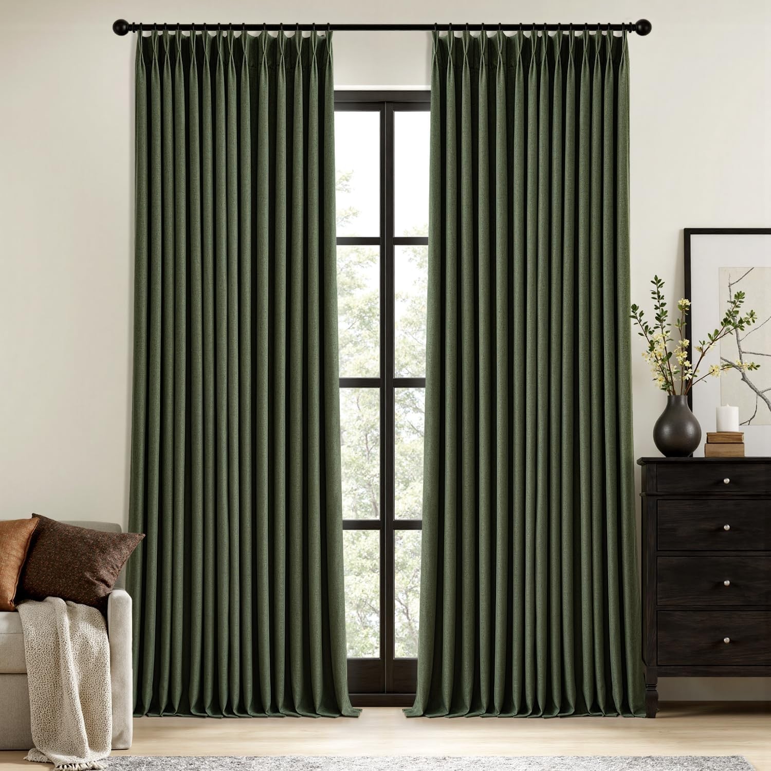 Olive Green Pinch Pleated Blackout Linen Curtains 84 Inch 2 Panels Bedroom