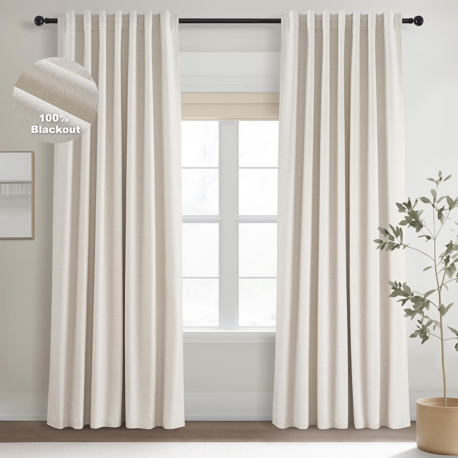 Topfinel Linen Blackout Curtains 96 Inch Long, Boho Farmhouse Ivory Birch Viral