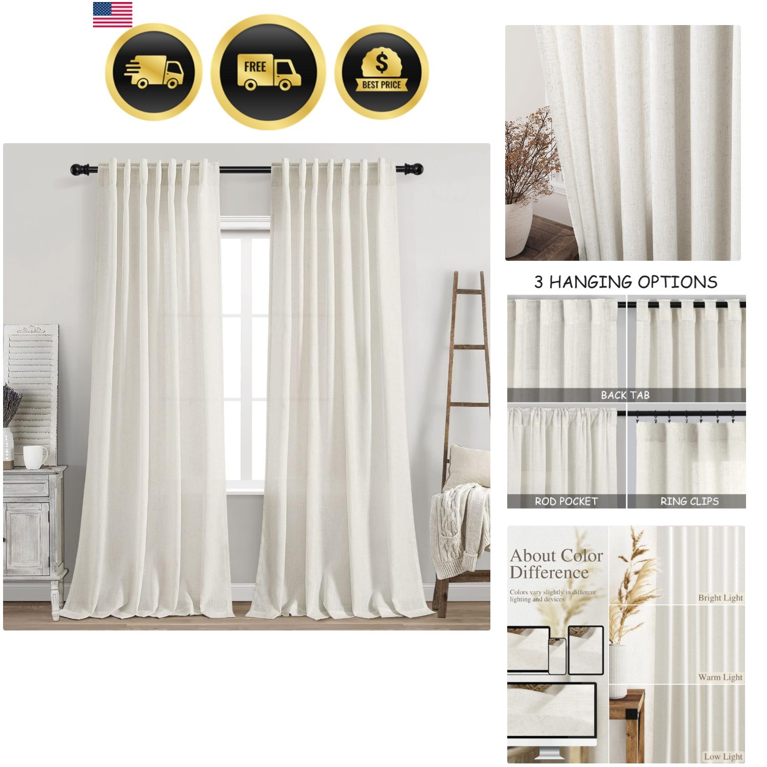 Cream Linen Back Tab Curtains 84 Inch Length for Living Room 2 Panel Set Neut…