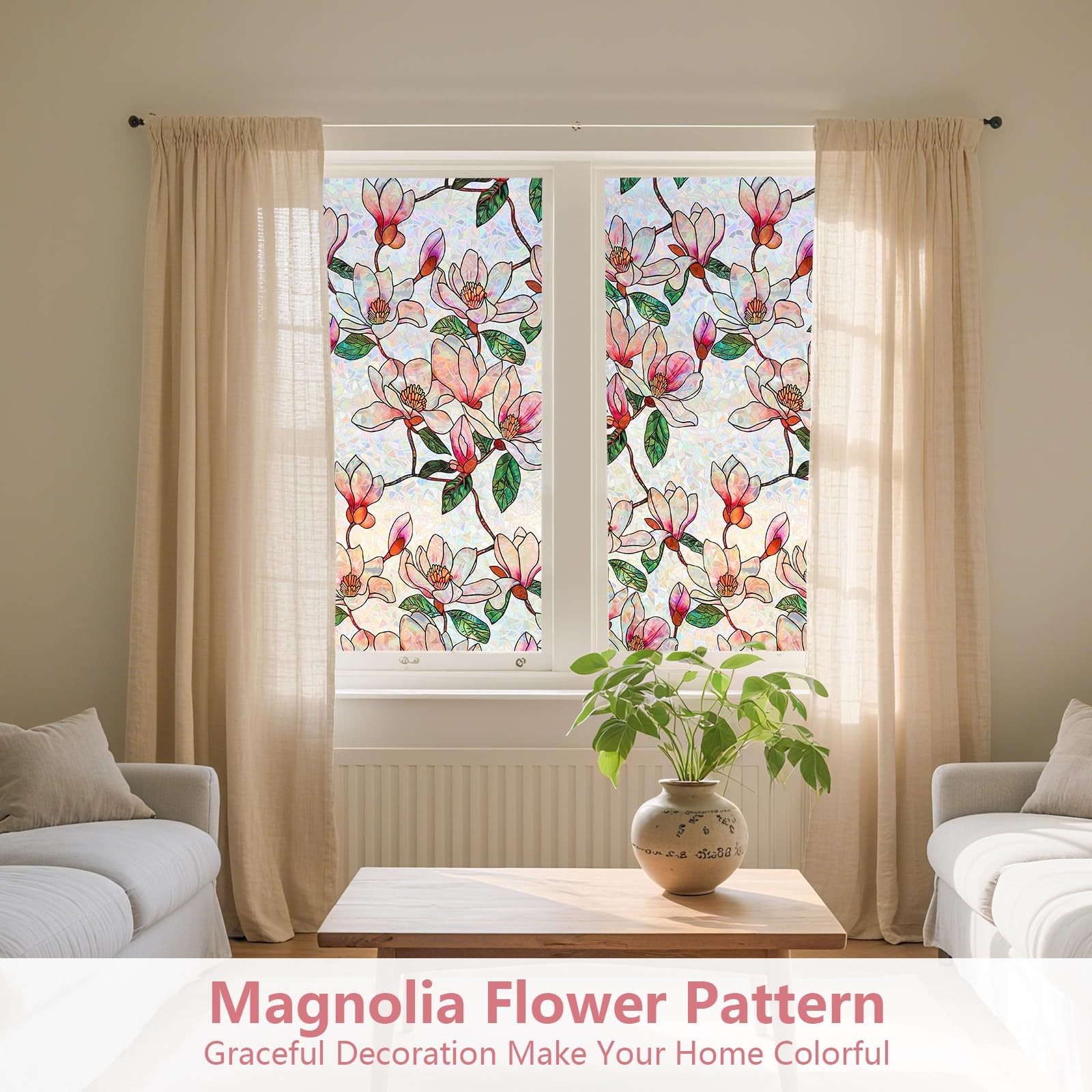Kromapolis Window Privacy Film, Stained Glass 17.5 x 78.7 inch, Pink Magnolia