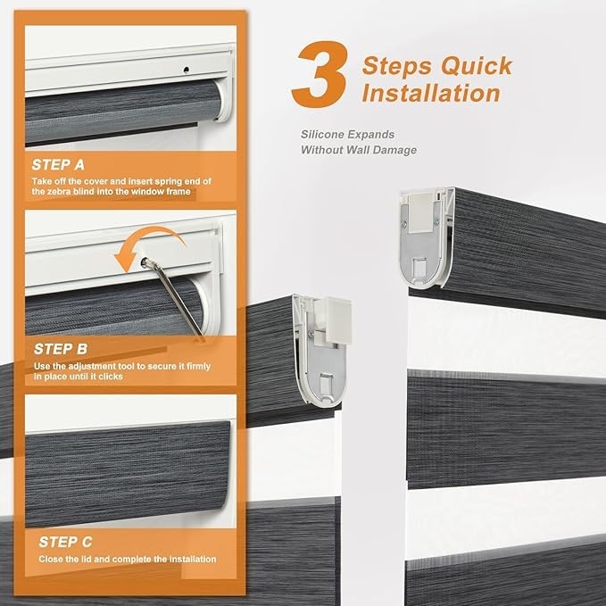 Gray METechs No-Drill Zebra Blinds – Dual Layer Light Filtering Cordless Shades