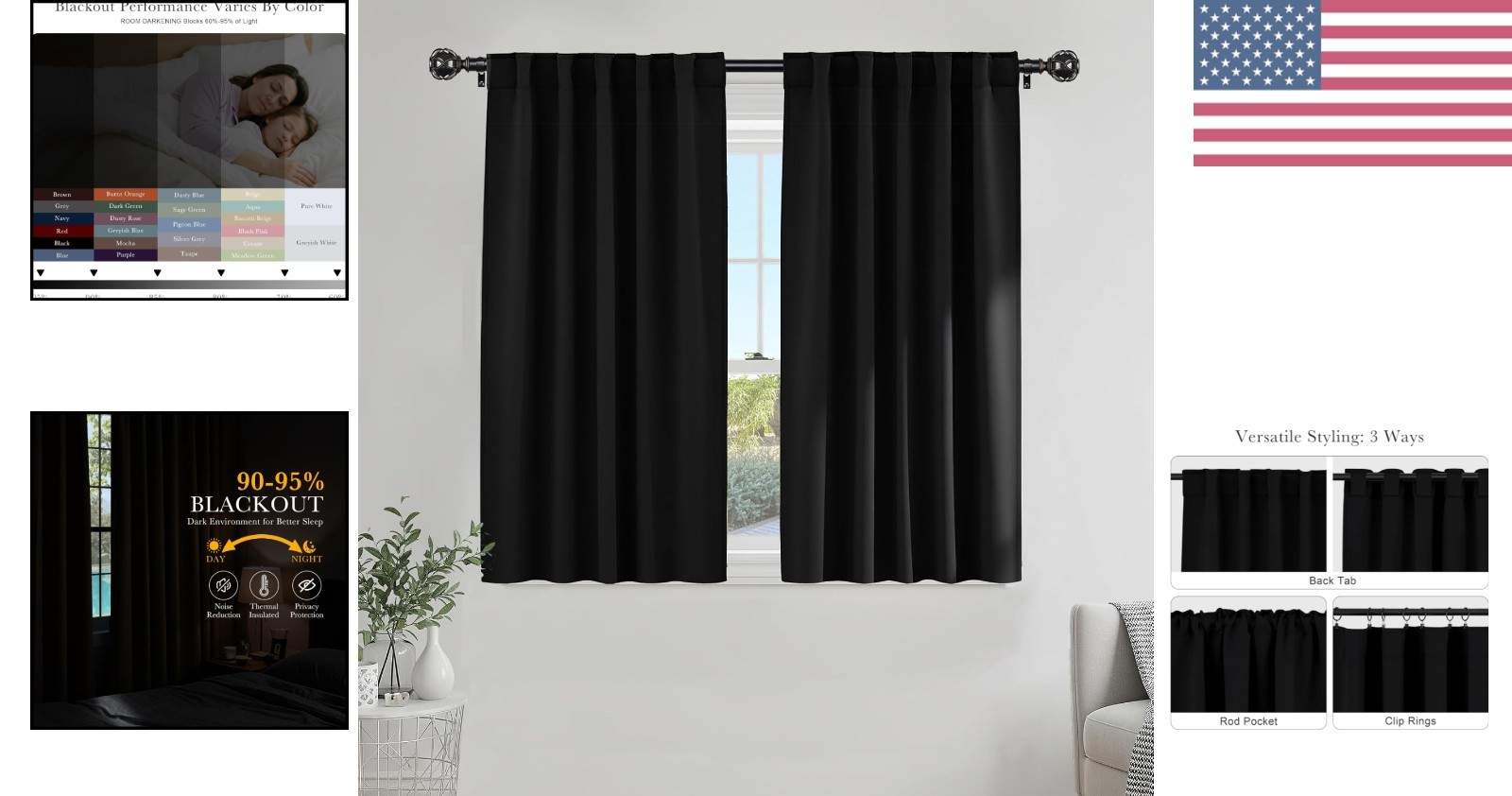 Black Kitchen Blackout Curtains Over Sink, Short Half Curtains for Bathroom B…