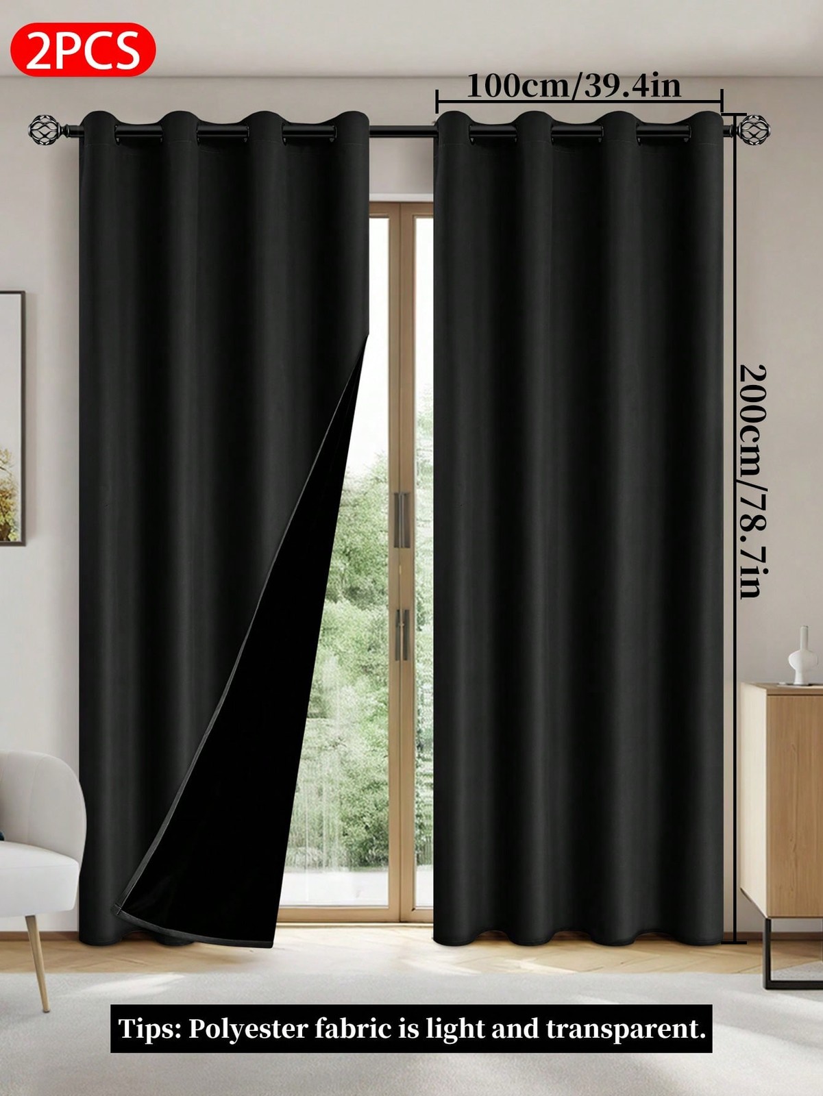 2pcs Black Blackout Curtains 100x200cm Grommet Thermal Insulated