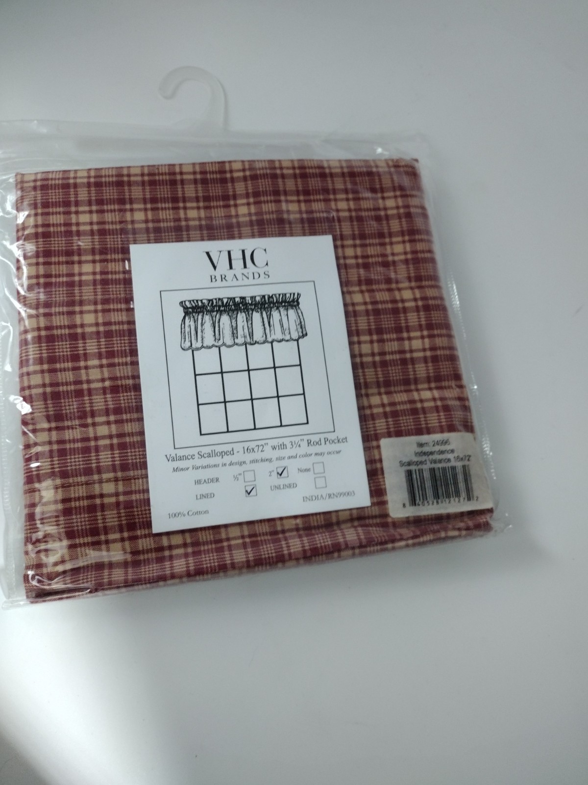 VHC Brands Scalloped Lined Valance 16″x72″ Independence Red & Tan Plaid
