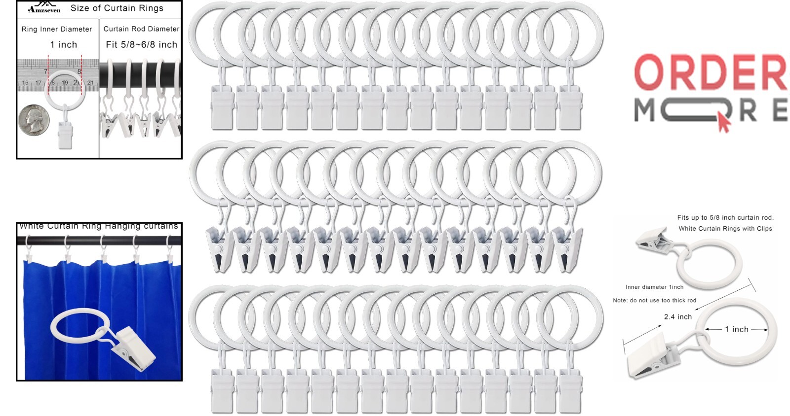 44 Pack Metal Curtain Rings with Clips 1 Inch I D Fits 6/8 Inch Rod White