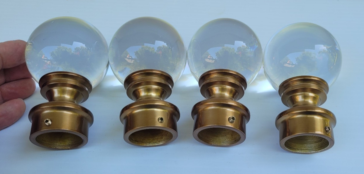 Set of 4 Solid Glass Crystal Ball Finials with Brass Tone Metal Mount Large