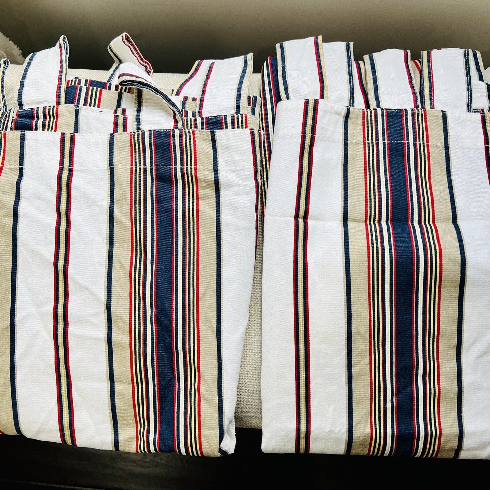 Nautical Themed Curtains Set of 2 White Navy Tan Stripe 58″
