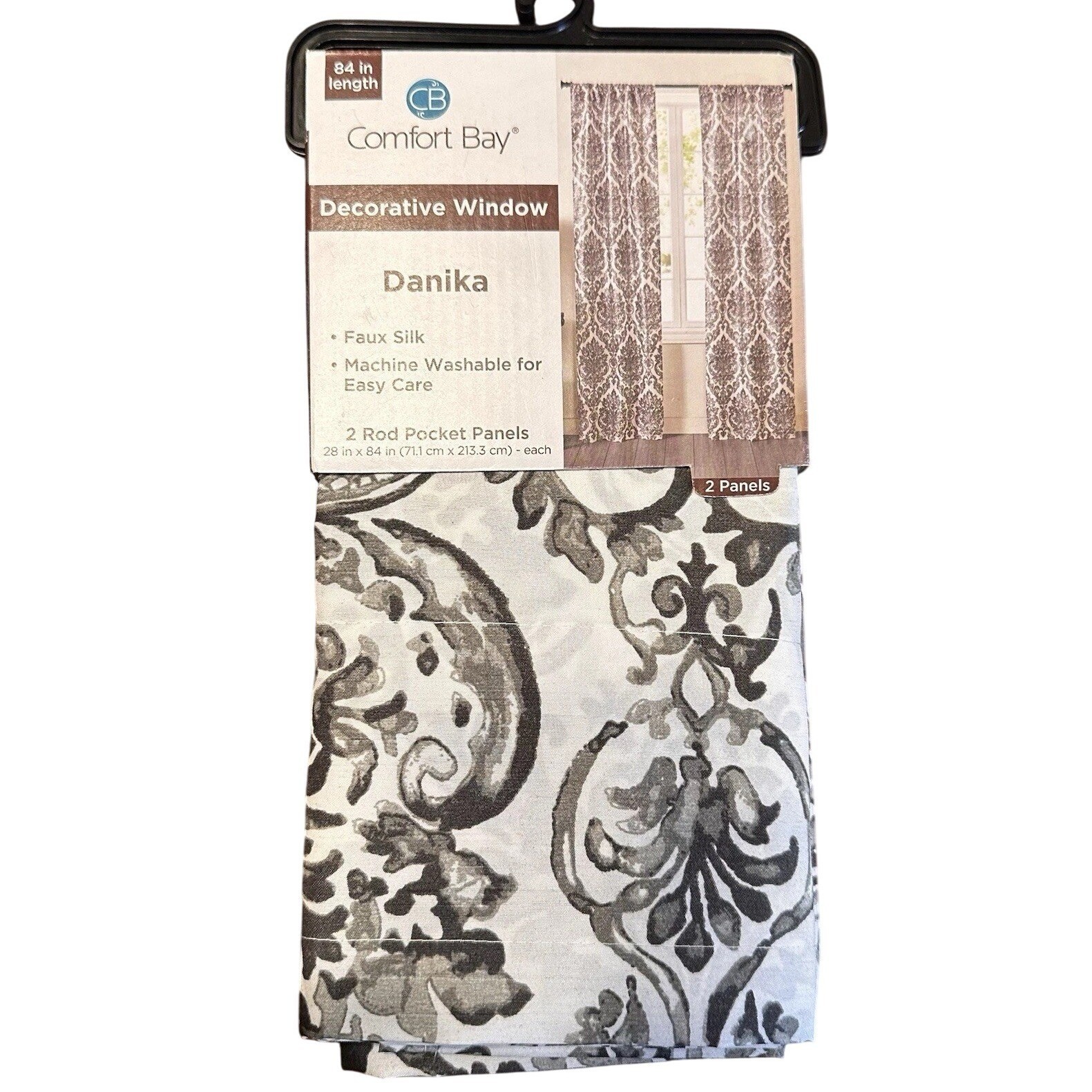 Comfort Bay Curtain Panels 28×84 Grey White Faux Silk Damask Rod Pocket