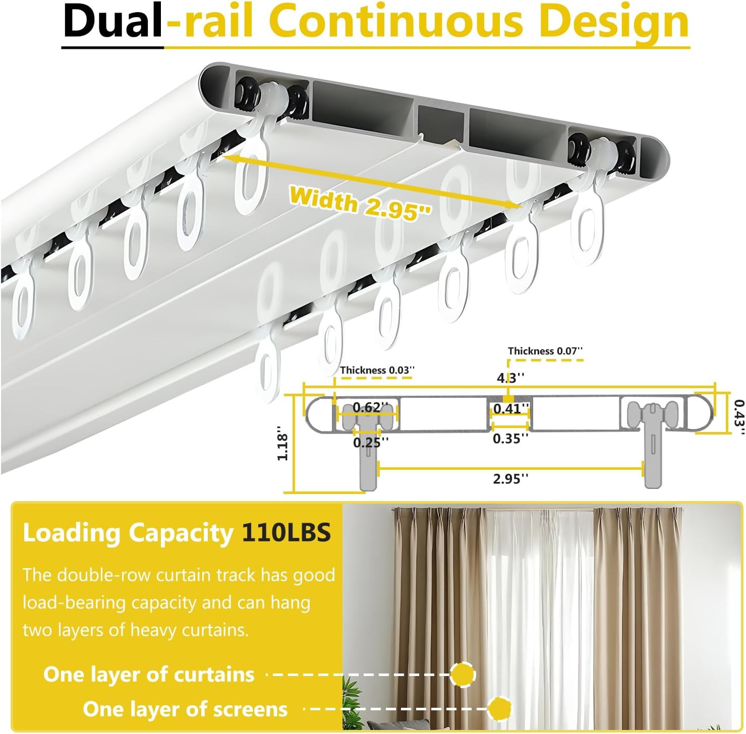 Double Row Curtain Track, Silent Aluminum Alloy Ceiling Curtain Track System, He