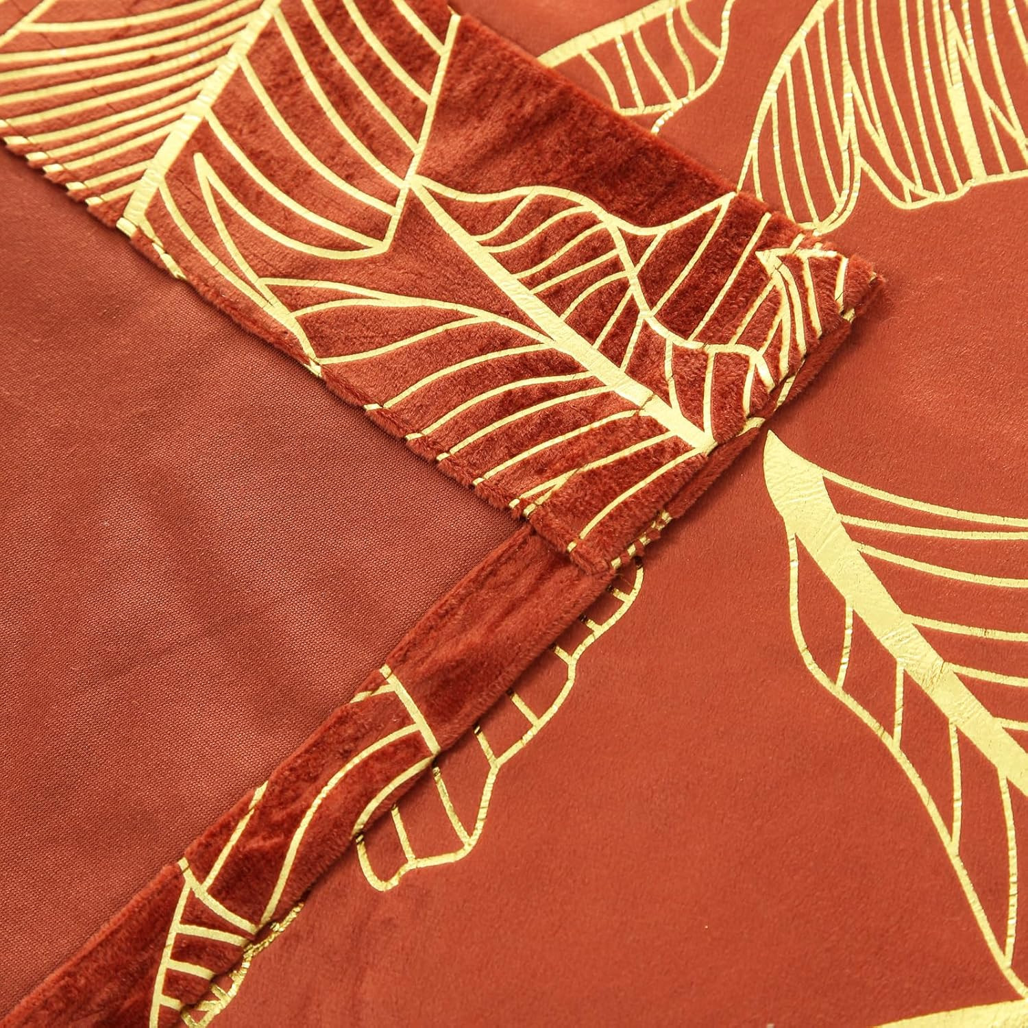 Elegant Burnt Orange Velvet Curtains with Gold Foil Print – 84″ Long, 2 Panels