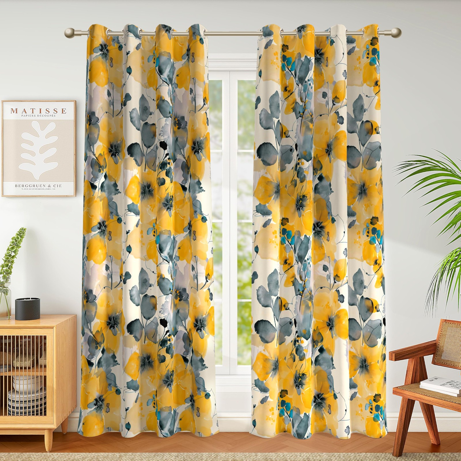 Weesire 2 Pack Boho Floral Blackout Curtains 52X84 Inches Yellow Floral Pattern